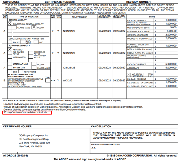 30 Days Notice of Cancellation in Description of Operations